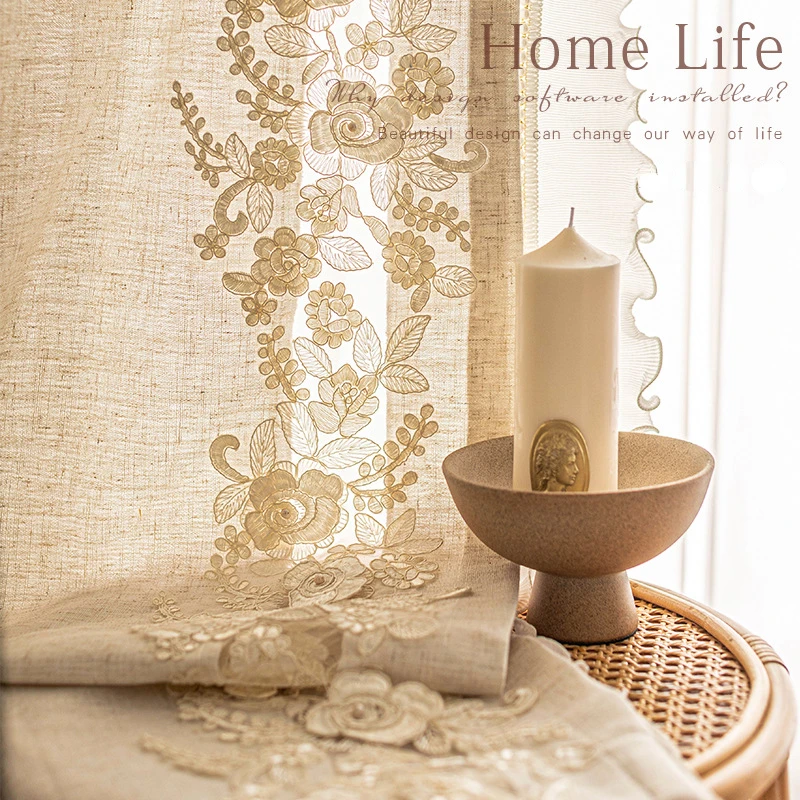 Cotton Linen Curtains for Living Room French Cream Bedroom Dining Beige Warm Pearl Lace Simple High Shading Luxury Windows