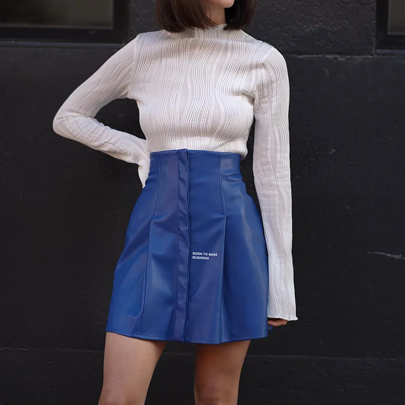 

Blue PU Leather Sexy Tight Mini Skirts High Waist Sexy Hip Blue Short Skirt for Women Young 2022 Spring Summer RXHBSQ872