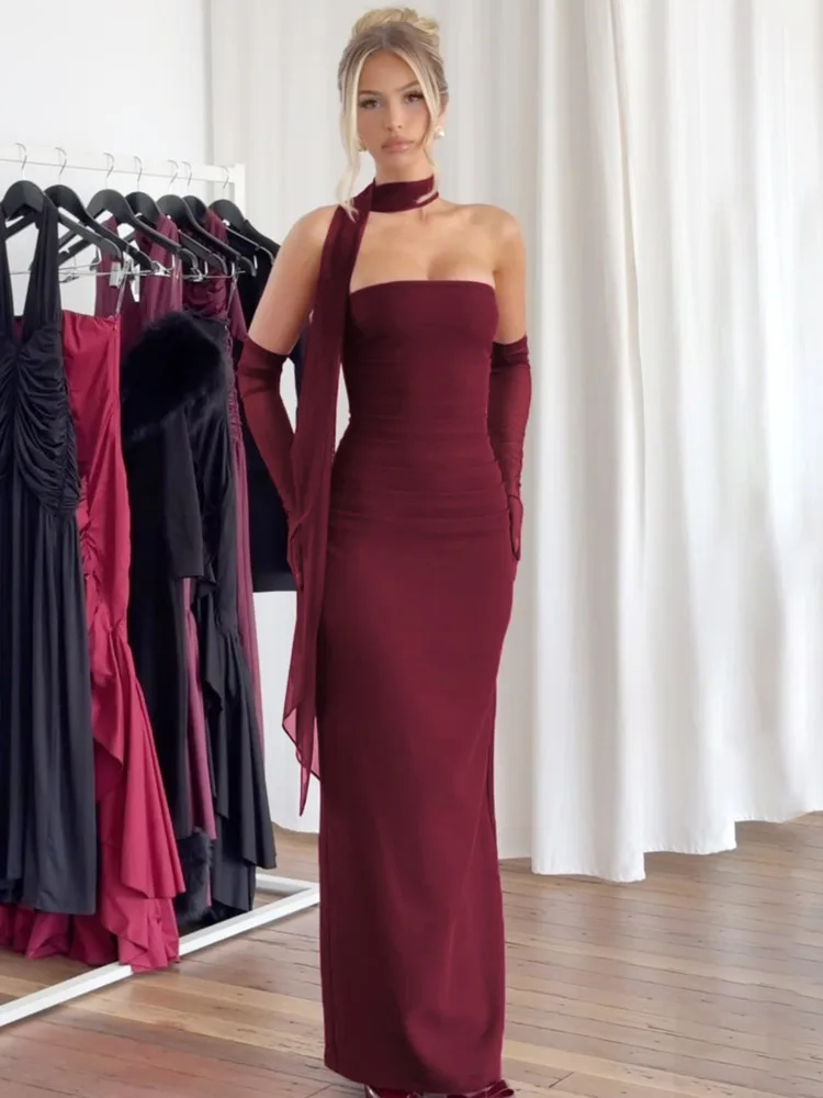 Mozision Strapless Backless Sexy Maxi Dress For Women Burgundy Mesh Sleeve Off-shoulder Bodycon Club Party Evening Long