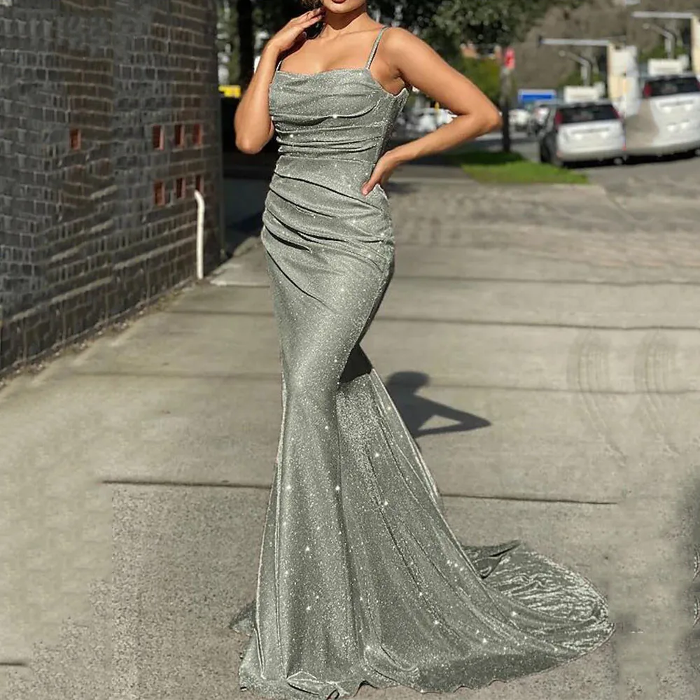 

Fortunate Sequin Mermaid Evening Gown Spaghetti Strap Sexy Backless Shining Simple Prom Dresses Sweep Train Sleeveless