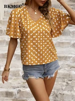 bkmgc women shirts blouses puffed sleeves commuting short pullover short sleeve wave point v neck shirts crop top summer 2731