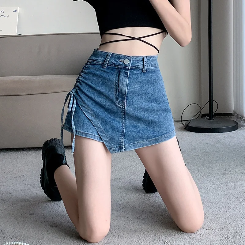 

Женское платье 2023, джинсовая юбка на шнуровке, асимметричная облегающая юбка с высокой талией Y2K, повседневная шикарная юбка в стиле ретро