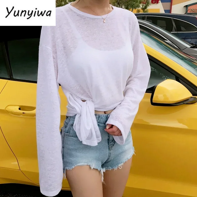 Футболка женская тонкая прозрачная в Корейском стиле пляжная шикарная рубашка