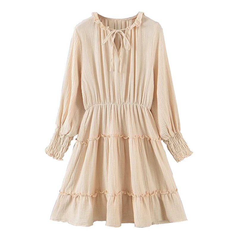 

Knee-Length Patchwork Long Sleeve Pullover Women's Dress 2022 New French Retro Temperament Waist Lace-up Short Ladies Dresses