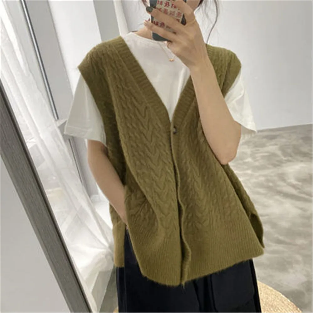 

2023 Spring Vest Waistcoats Women Knit Solid Loose Korean Style Side-slit New Fashion Students Womens Sleeveless All-match