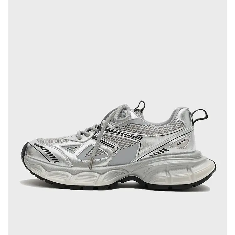 Кроссовки повседневные беговые кроссовки серебристые на толстой подошве