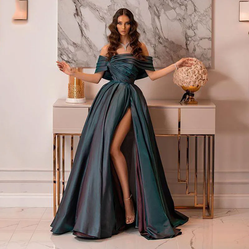 

Sexy One Shoulder Satin Evening Dress Slit Party Dresses Formal Off Shoulder Floor Length A-Line Skirt Luxurious Elegant Vestido