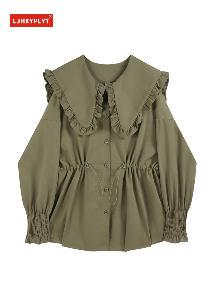 

Ruffle Collar Mini Shirt Dresses Womens Spring SlimVintage Elegant Drawstring Waist Trumpet Long Sleeve Mid-length Blouse Female