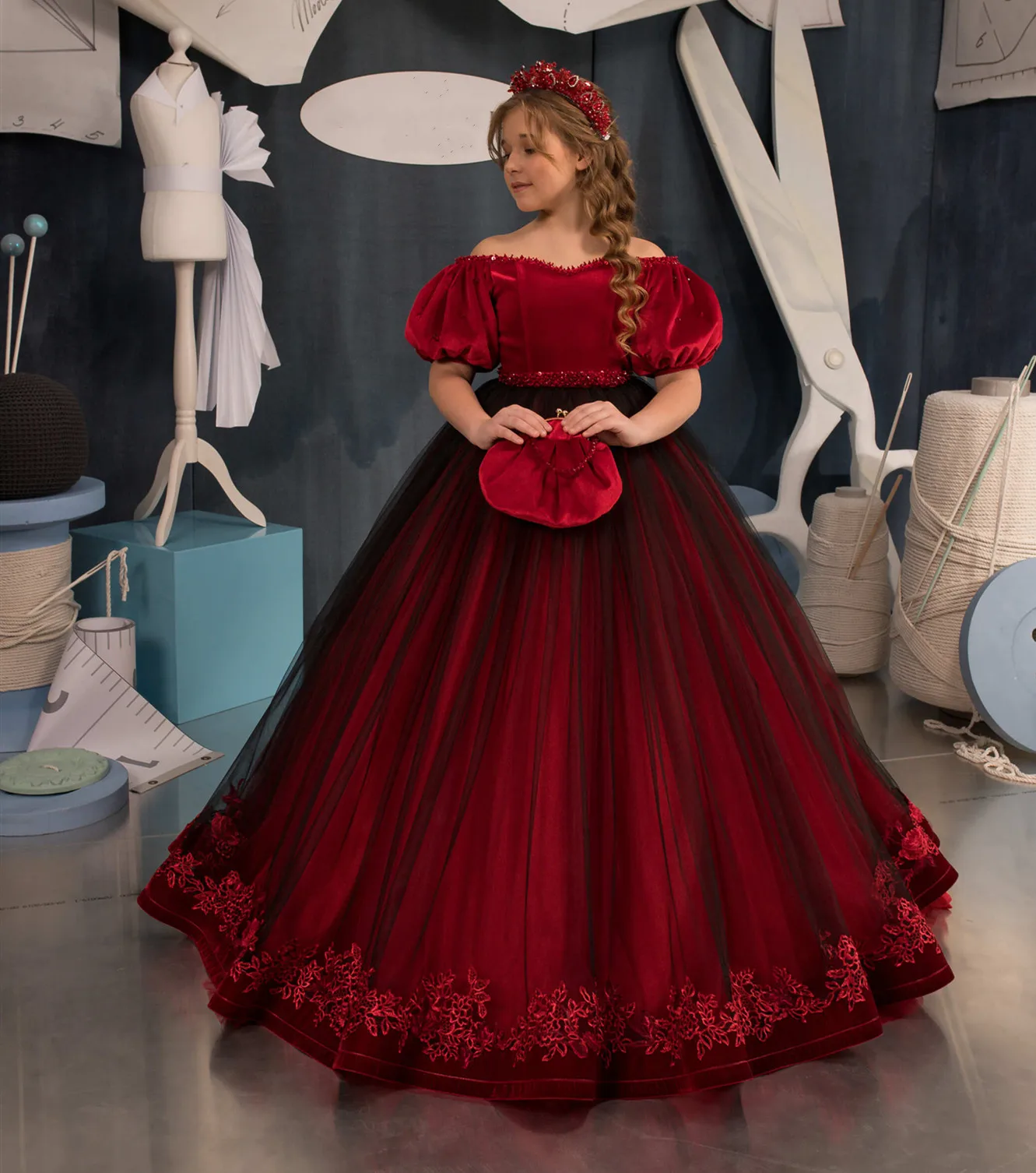 

Красные платья принцессы с цветами для девочек, кружевное платье с открытыми плечами и бусинами для первого причастия, детское платье на выпускной, на 1-16 лет