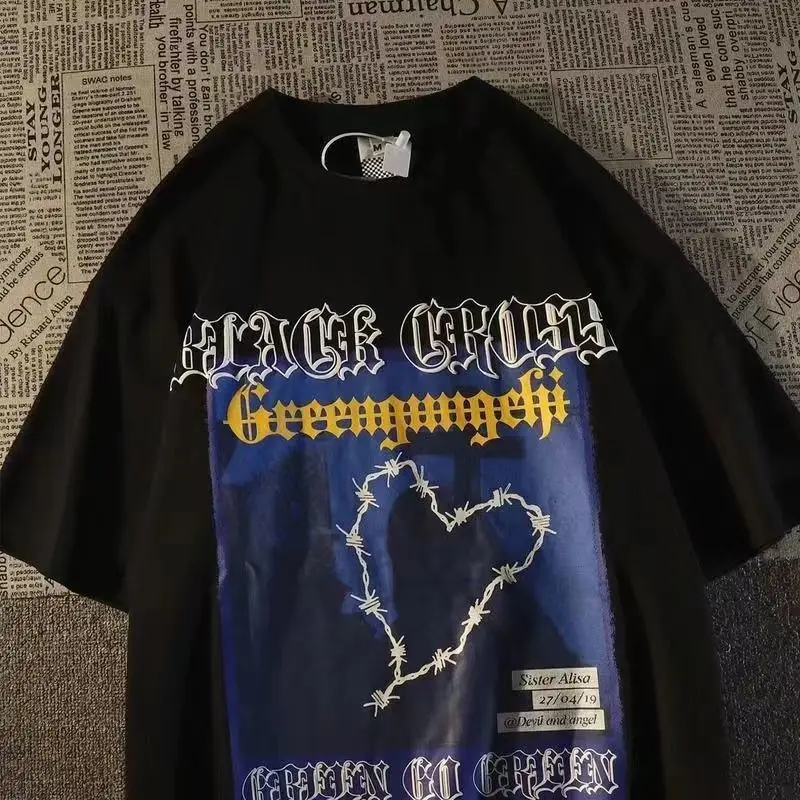 

Summer Women T-shirts European and American Retro Love Short Sleeved T-shirt Men Couple Y2k Top Oversize Tee Harajuku Goth