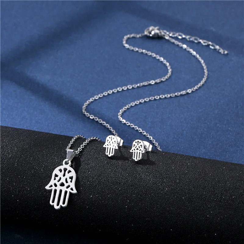 

Lucky Turkish Islamic Stainless Steel Silver Color Hand Hamsa Pendant Necklace Vintage Hand of Fatima Jewelry Set for Men Women