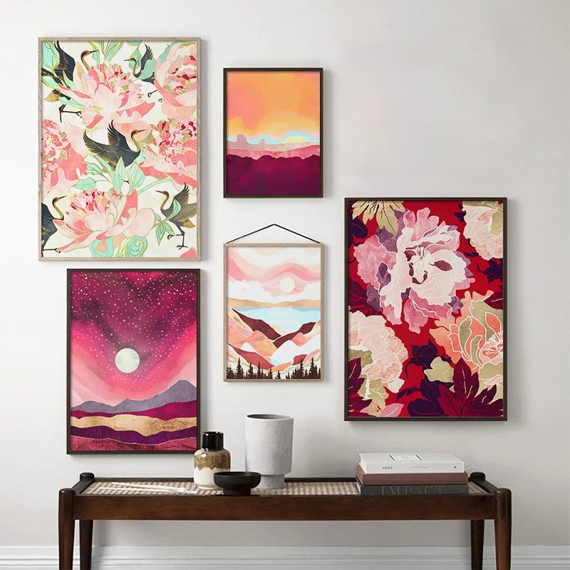 Постеры с изображением японских вишневых цветов пейзажа розового восхода горы