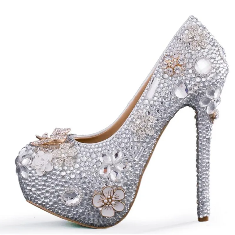

8CM11CM14CM. crystal Wedding shoes white Rhinestone Bride silvery High-heeled shoes Party dress shoes