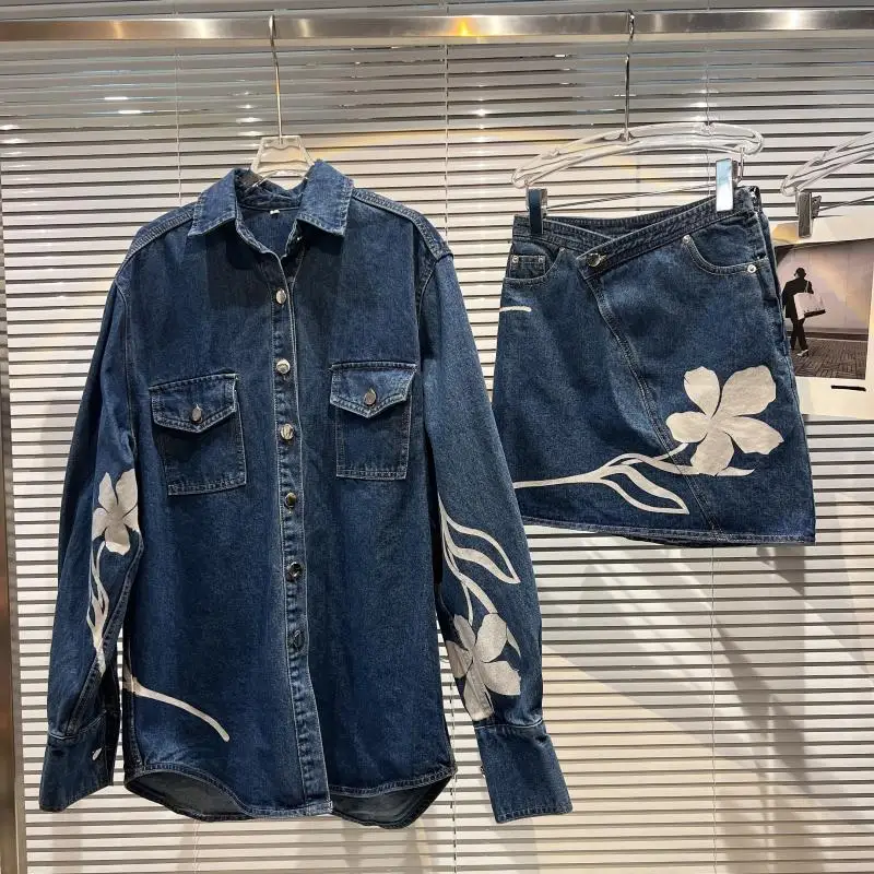 

2022 New Autumn Flower Patterned Denim Jacket + Jeans Package Hip Skirt Suit for Women Cowboy Set Two Piece Suits Streetwear