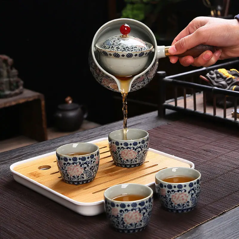 Juegos de té únicos, flores, exquisita forma de molienda de piedra, juego de tazas de té hechas a mano, regalo de Ceremonia de té chino, taza de té GungFu