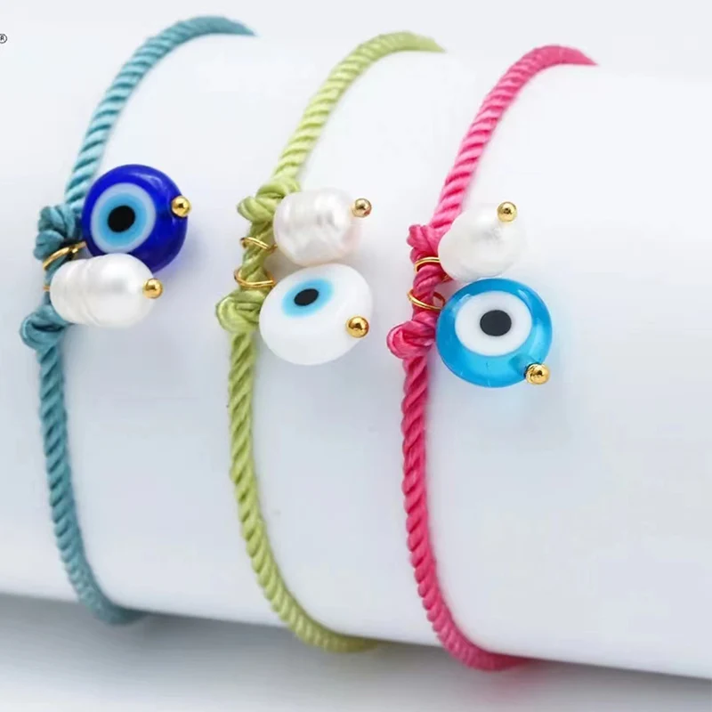 Cute Evil Eye Freshwater Pearl Bead Chram Bracelet For Women Men Beatiful Adjustable Red Bule Black White Rope