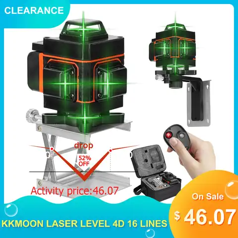 Самонивелирующийся лазерный уровень KKmoon, горизонтальный и вертикальный профессиональный уровень 4D, 16 линий, зеленый луч, 360 градусов