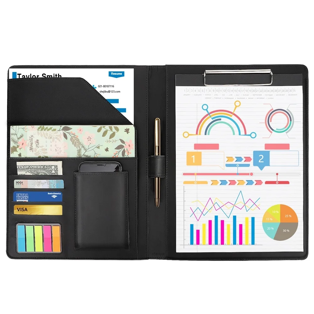 

Portfolio Padfolio Folder,PU Leather Resume Conference Legal Document Organizer with A4 Size Clipboard, Business Card Holders