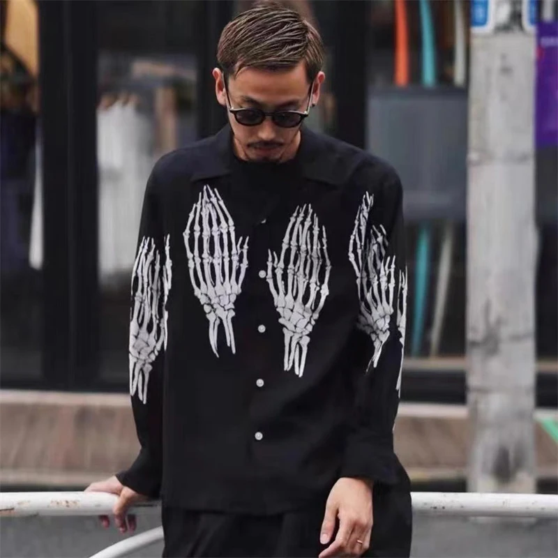 Wacko Maria Long Sleeve Shirt Streetwear Skull Hand Print Men Women 1:1 WACKO MARIA Cotton Hawaiian Shirt