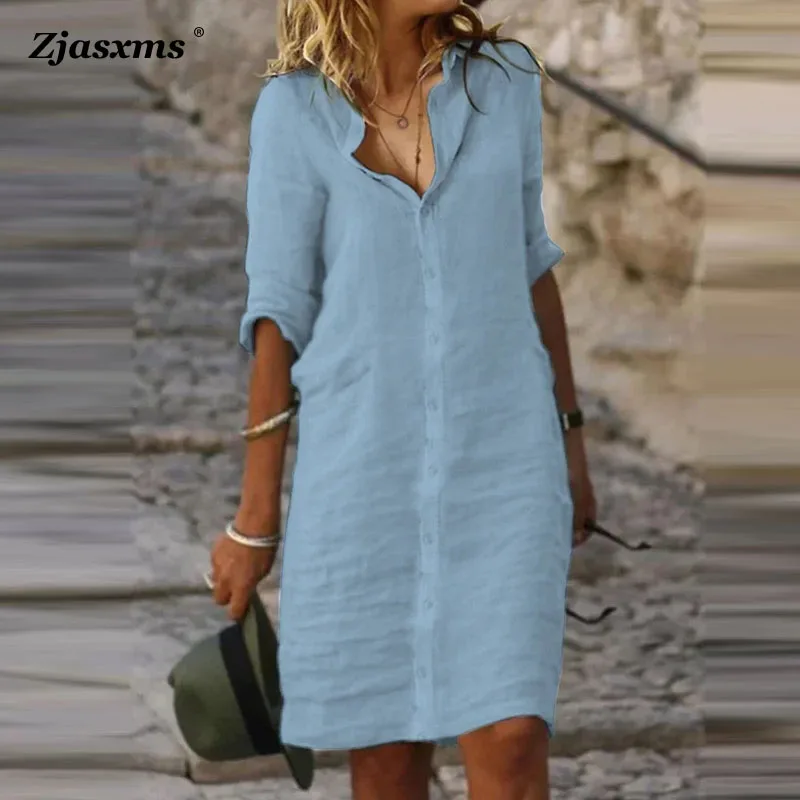 

Женское однотонное офисное платье-трапеция, модное повседневное свободное платье, осенние женские платья-рубашки из хлопка и льна на пуговицах с отворотом и рукавом до локтя
