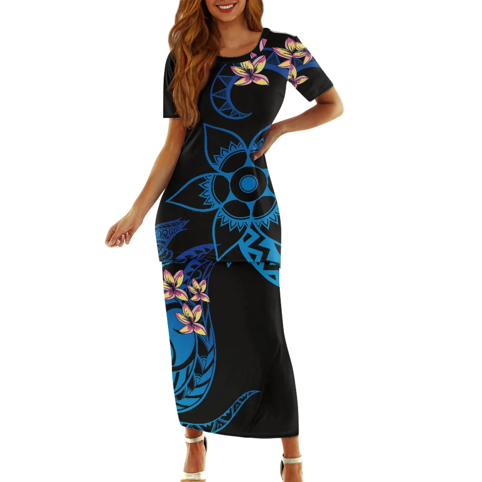 

Polynesian Tribal Hawaiian Totem Tattoo Hawaii Prints Blue White Printing Dress Women Campfire Party Short Sleeve Two Pieces Set