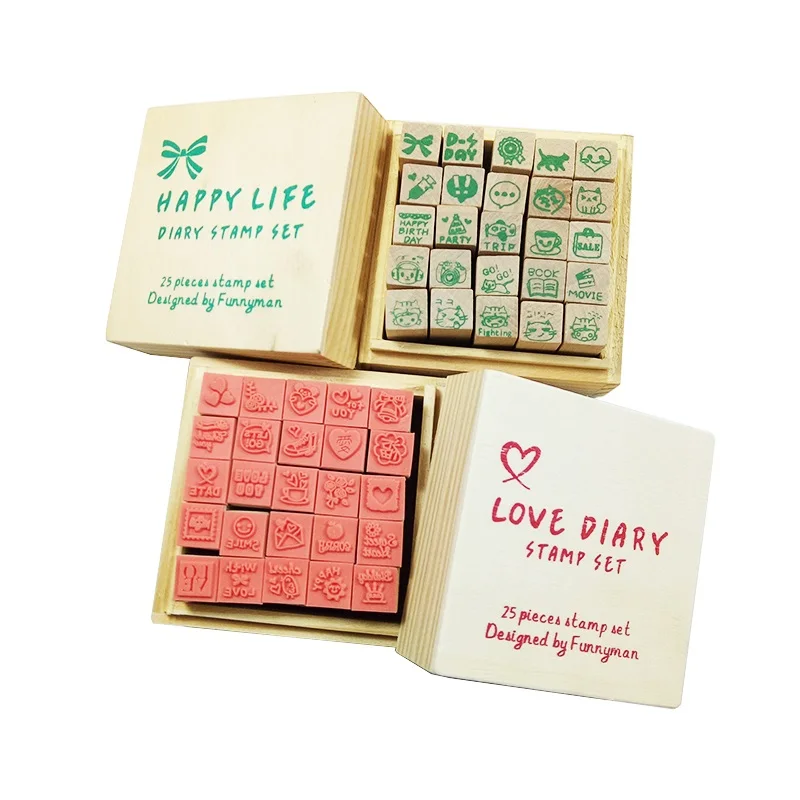 

25pcs/set Diary Pattern Wooden Box Stamp Rubber Lovely Cute DIY Writing Scrapbooking Stamp Gift Clear Stamps For Scrapbooking