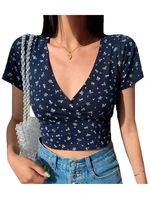 ysdnchi polyester tops sexy 2022 new summer short sleeve casual shirts women floral printed blouse beach v neck streetwear
