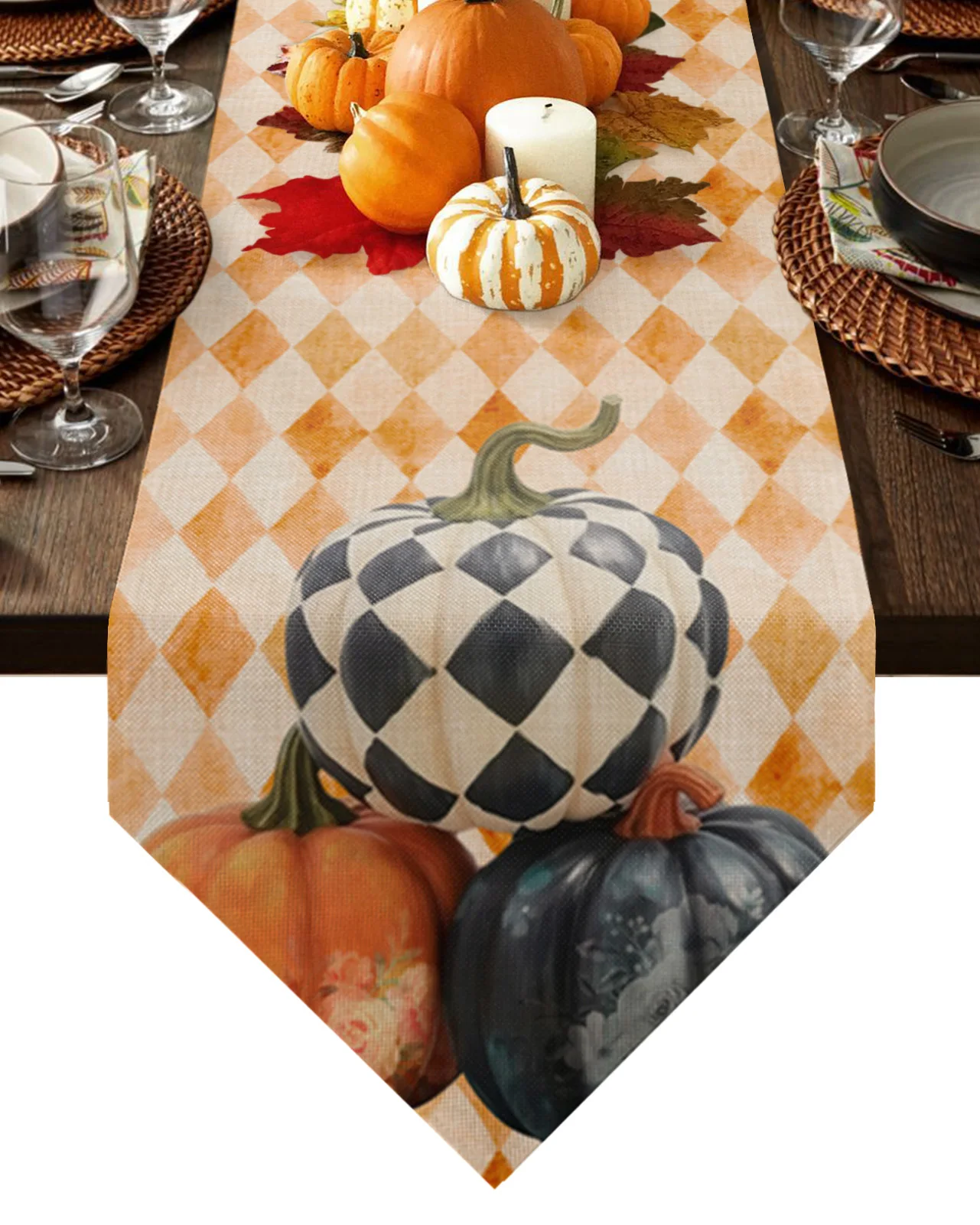 

Thanksgiving Pumpkin Plaid Table Runner Wedding Decor Tablecloth Holiday Party Home Dining Table Decoration