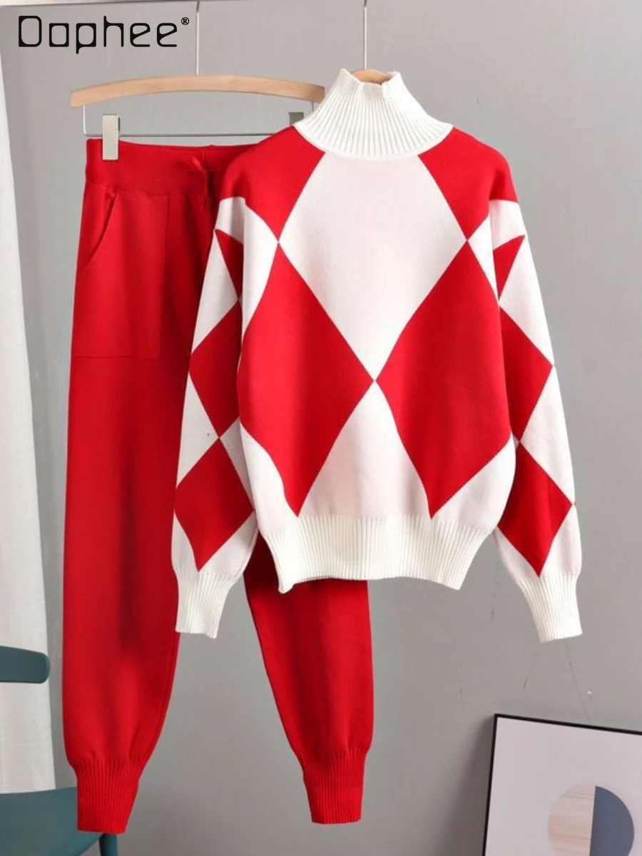

Casual Two Piece Sets Women Outifits Autumn Winter Turtleneck Bottoming Shirt Loose Sweater Suit Long Sleeve Trousers Knit Set