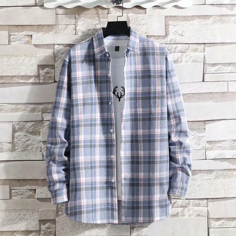 2022 New Pink Plaid Fleece Shirt Thickened New Casual Shirt Men's Business Slim Japanese Shirt Men's Fashion Clothing Mens