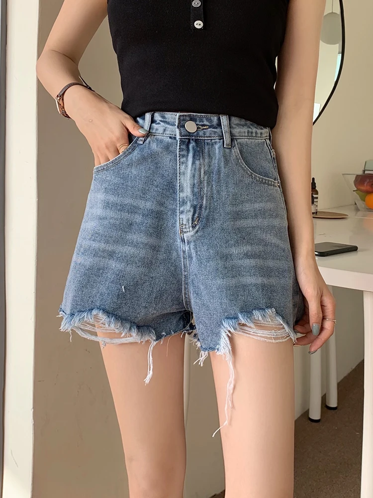 Streetwear Women High Waist Loose Hole Frayed Denim Shorts Spring Summer Female Wide Leg Jeans Shorts Bottoms