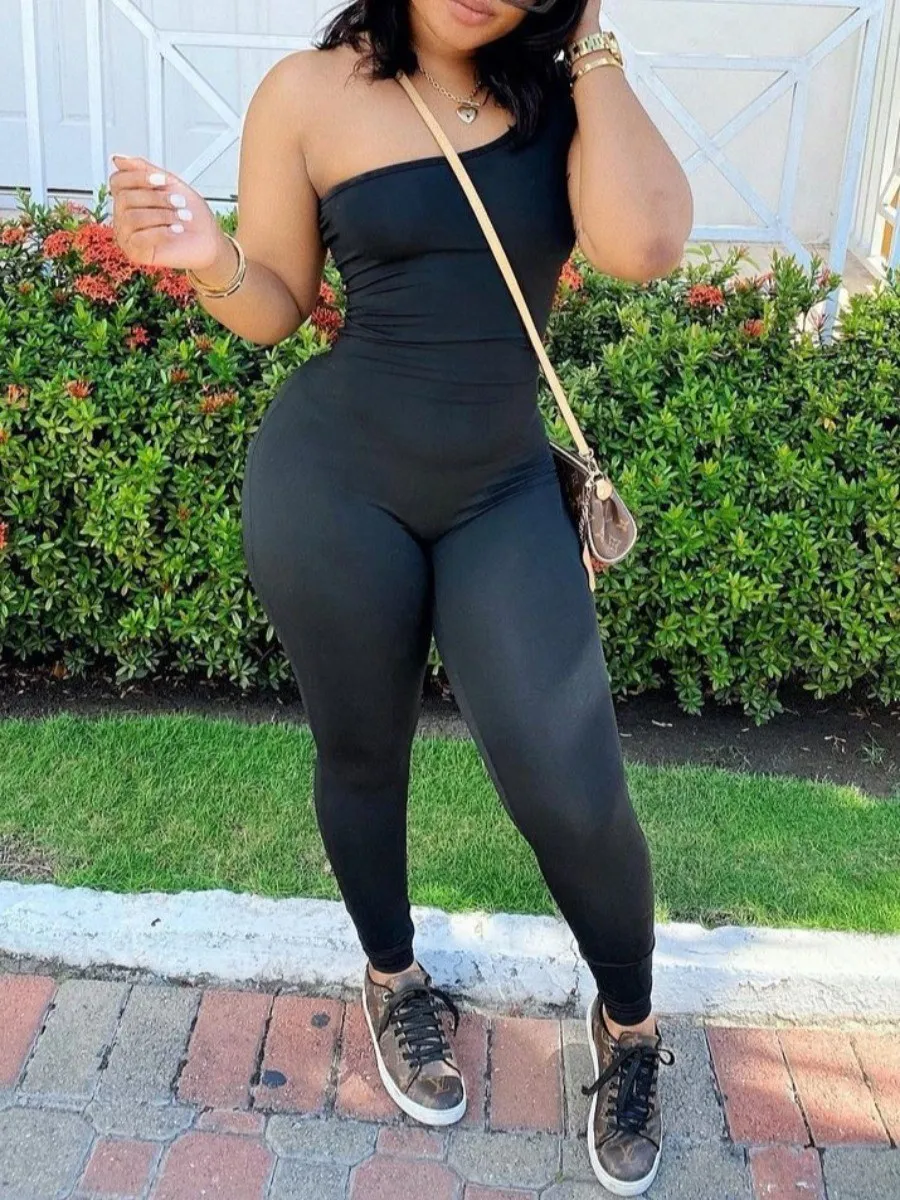

LW Basic Sporty One Shoulder Basic Skinny Black One-piece Jumpsuit Hip-lifting Sleeveless Sxy Stretchy Sheath Long Bodysuits