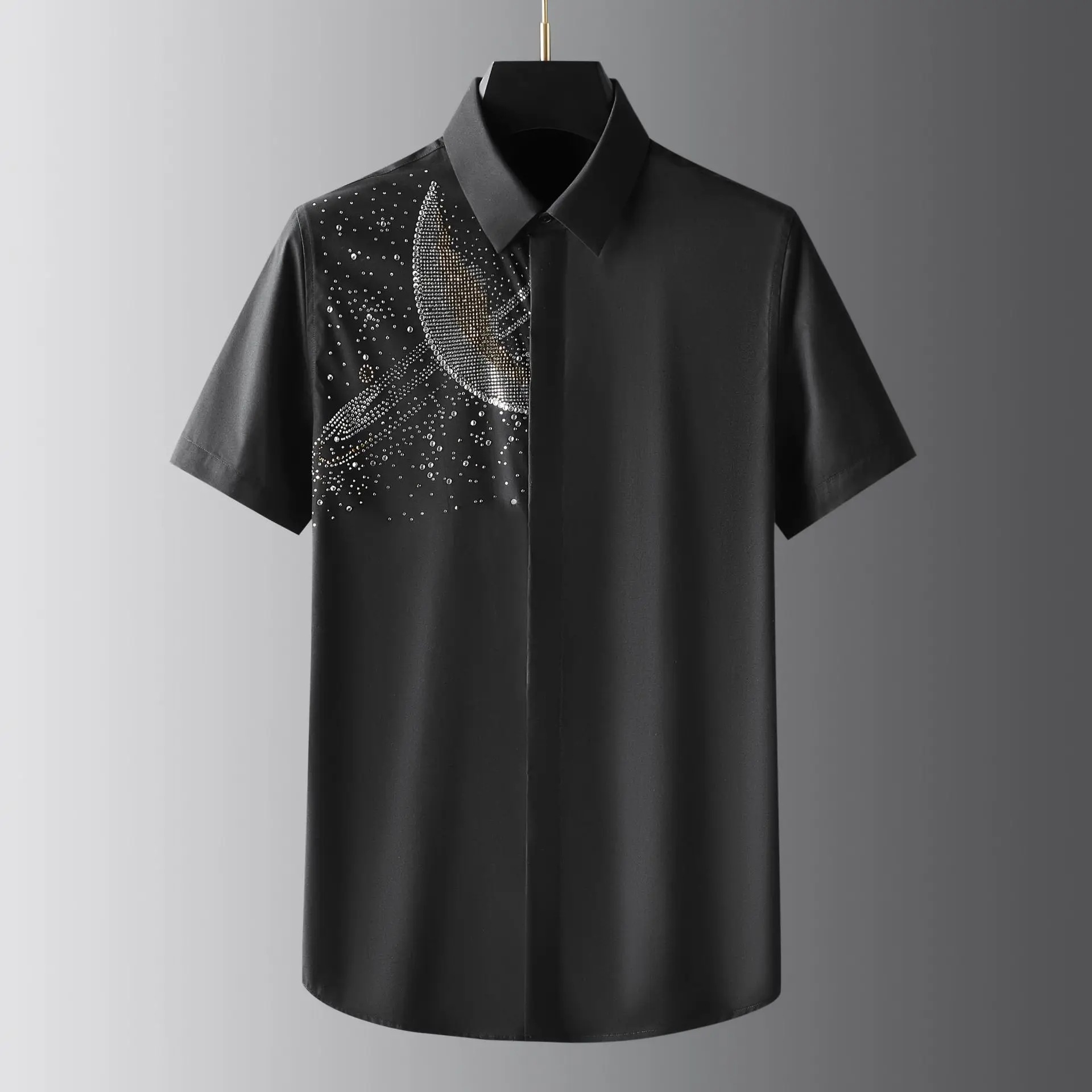 

Summer new starry sky Czech rhinestone hot stamping shirt men's short-sleeved slim casual top night show men's clothing