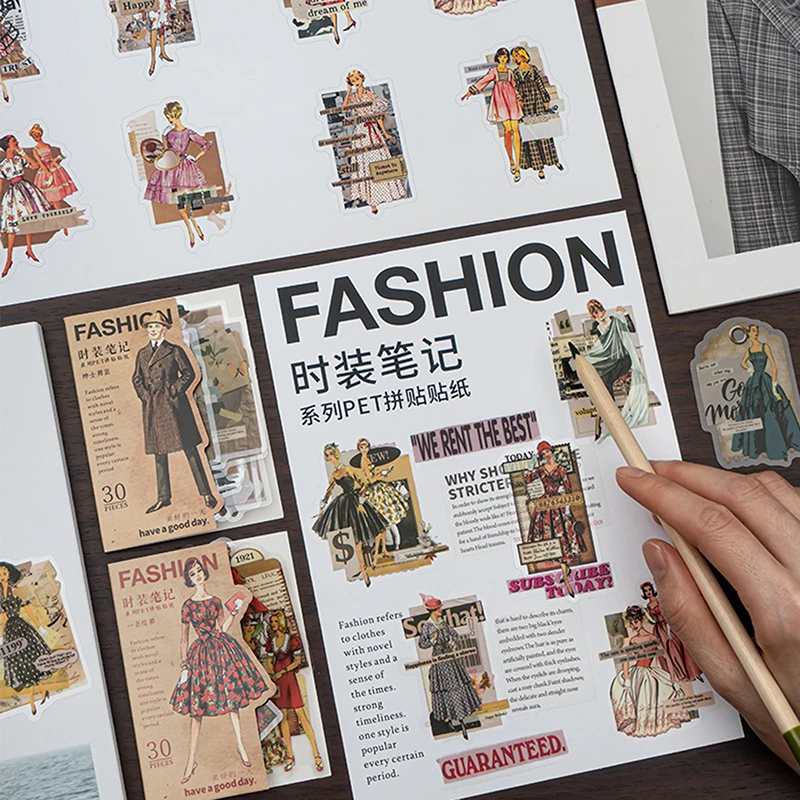 

30pcs/Pack Fashion Notes Series Sticker Model PET Waterproof Lable Collage Diary Decorative Scrapbooking DIY Junk Journal