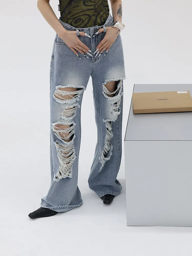 

Американские рваные джинсы WCFCX STUDIO Y2k для женщин, винтажные уличные джинсовые брюки с высокой талией в стиле хип-хоп, шикарные джинсы