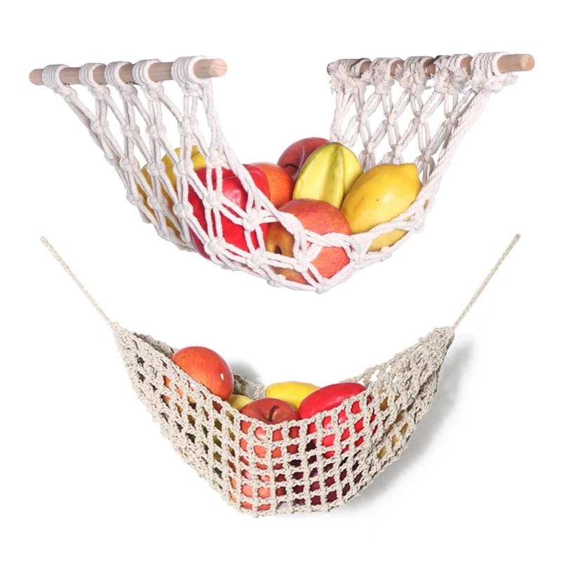 

Macrame Woven Fruit Hammock Holder Boho Cotton Under Cabinet Hanging Net Basket