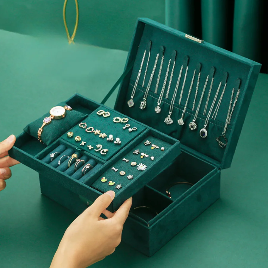 

2023 New Retro High Quality Velvet Jewelry Box with Large Capacity 2022 Dark Green Multiple Styles