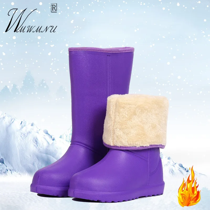 

Purple Mid-Calf Warm Plush Rain Boots Korean EVA Waterproof Non-Slip Rubber Rain Shoes Fashion Slip-On Women Outdoor Work Boots