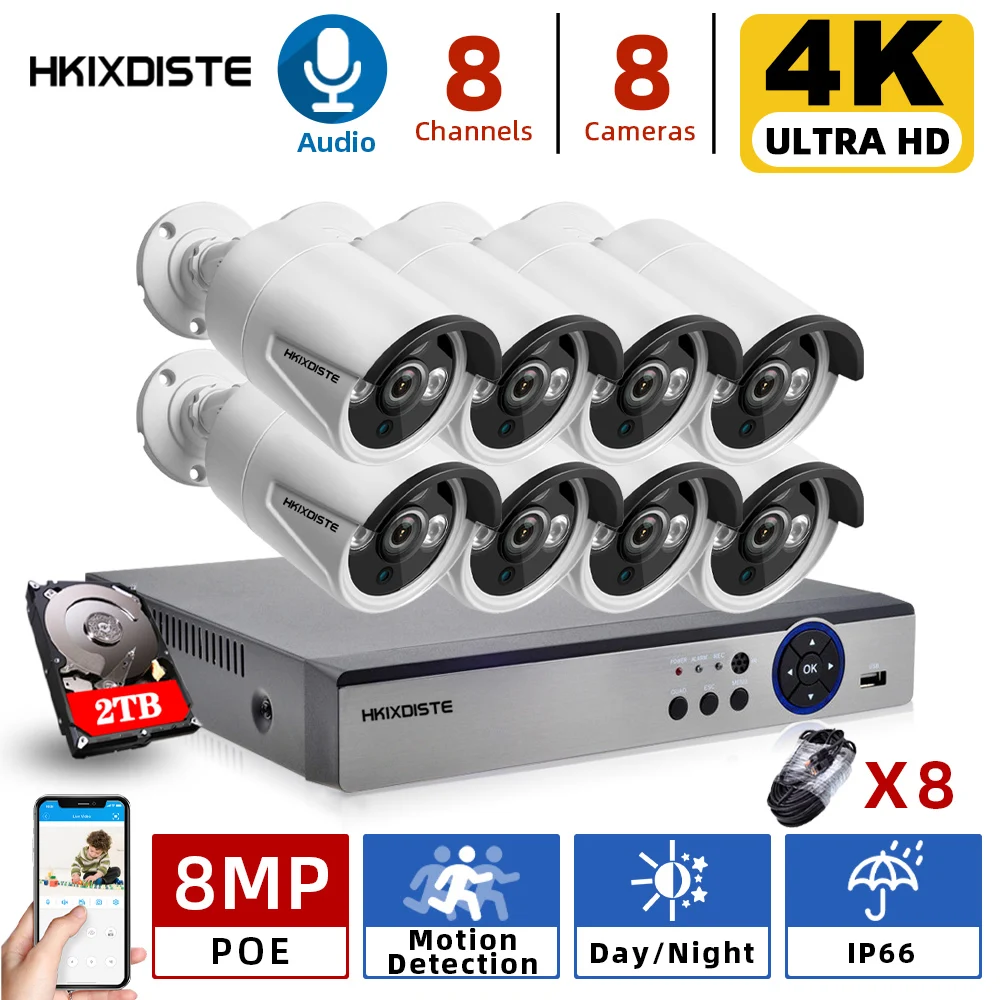 

HKIXDISTE 8CH 4K POE NVR Kit 5MP Security System Kit Outdoor 8MP Waterproof IP66 IP Camera CCTV Audio Video Surveillance Set