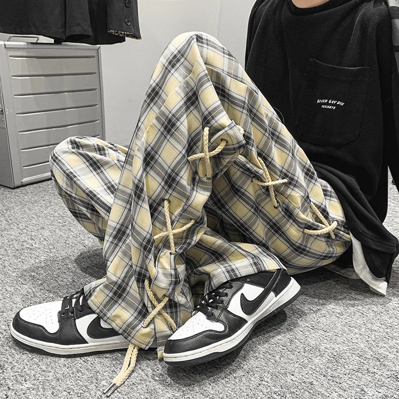 

New Arrival Spring Autumn Plaid Side Cross Tie Women's Streetwear Long Pants Unisex Men Jogger Trousers Hip Hop Chic Couple