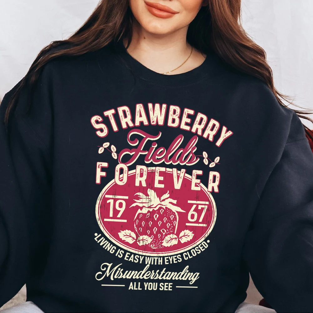 Retro Old School Band Tees Beatle Strawberry Fields Rock Casual Unisex Y2K Pullovers Funny Fleece Sweatshirt Streetwear