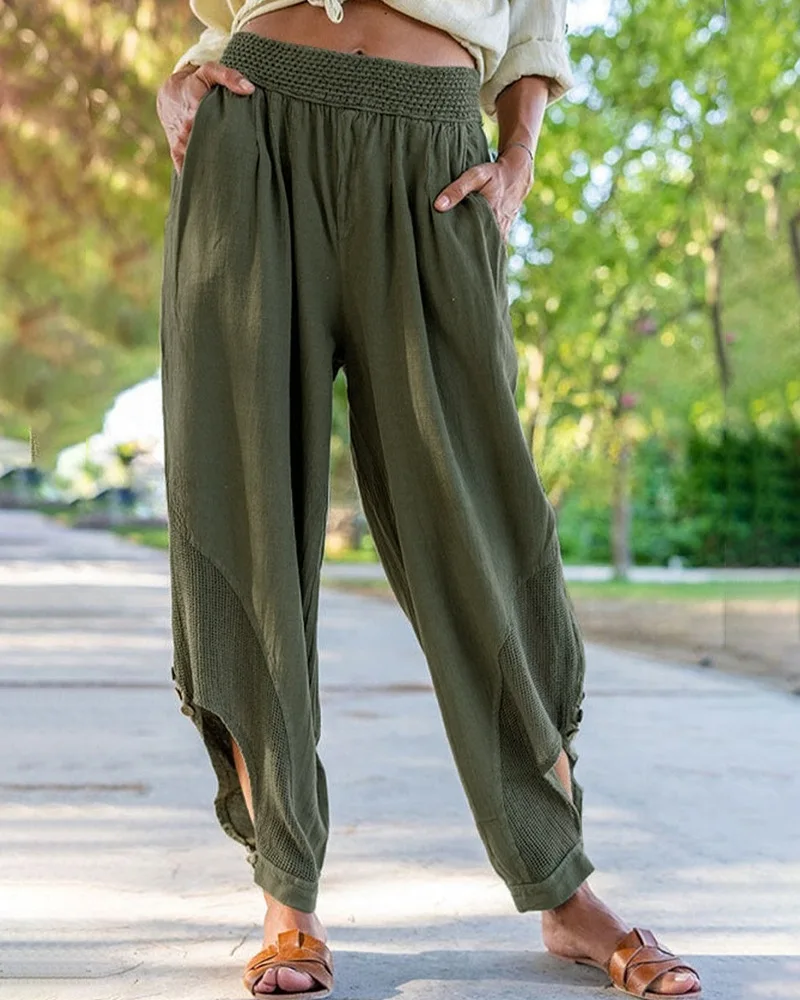 Elastic Waist Side Cutout Pants Women Elastic Loose Harem Ankle Length Fashion Casual Solid Color Pants