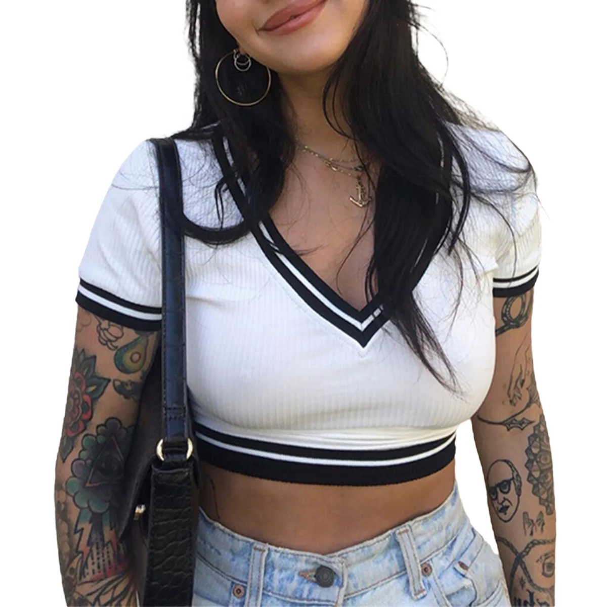 

Women\u2019s V Neck Slim Shirt Top Short Sleeve Match Color Ribbed Elastic Fit Crop Top