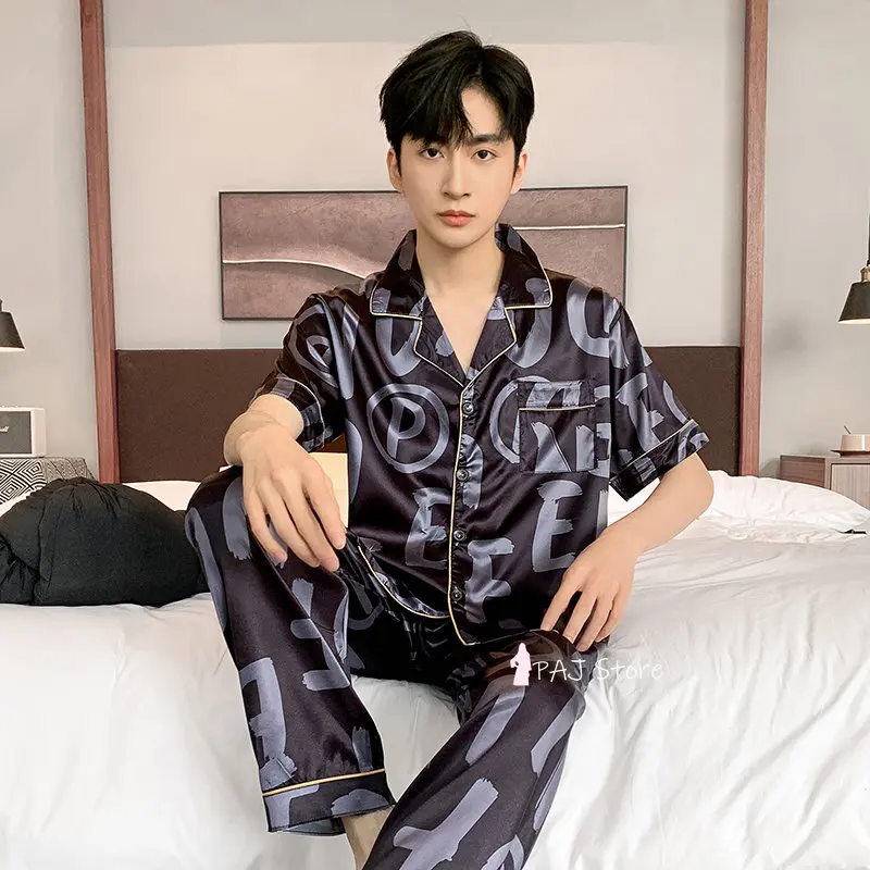 Men Sleepwear Silk Satin Pijama Set Pajama Sets Short Sleeve Sleep Home Clothes Man 2 Pieces Sets Home Suits Pyjamas L-5XL