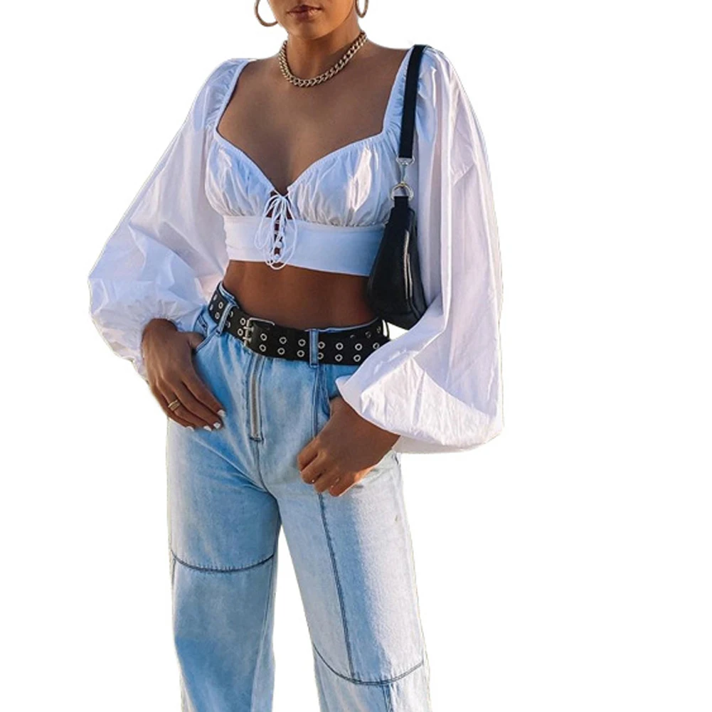 

Women Sexy Stylish Long Sleeve White Crop Tops Solid Color Lantern Sleeve Square Collar Shirt Lace-up Exposed Navel Cardigan
