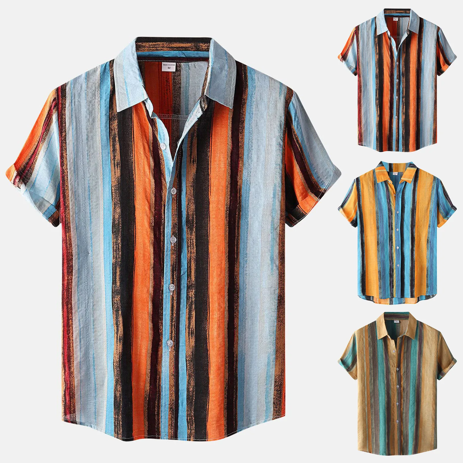 

Men's Summer Vacation Contrast Color Striped Printed Short Sleeve Shirt Casual Lapel Button Down Blouse Tops Chemise Homme#g3