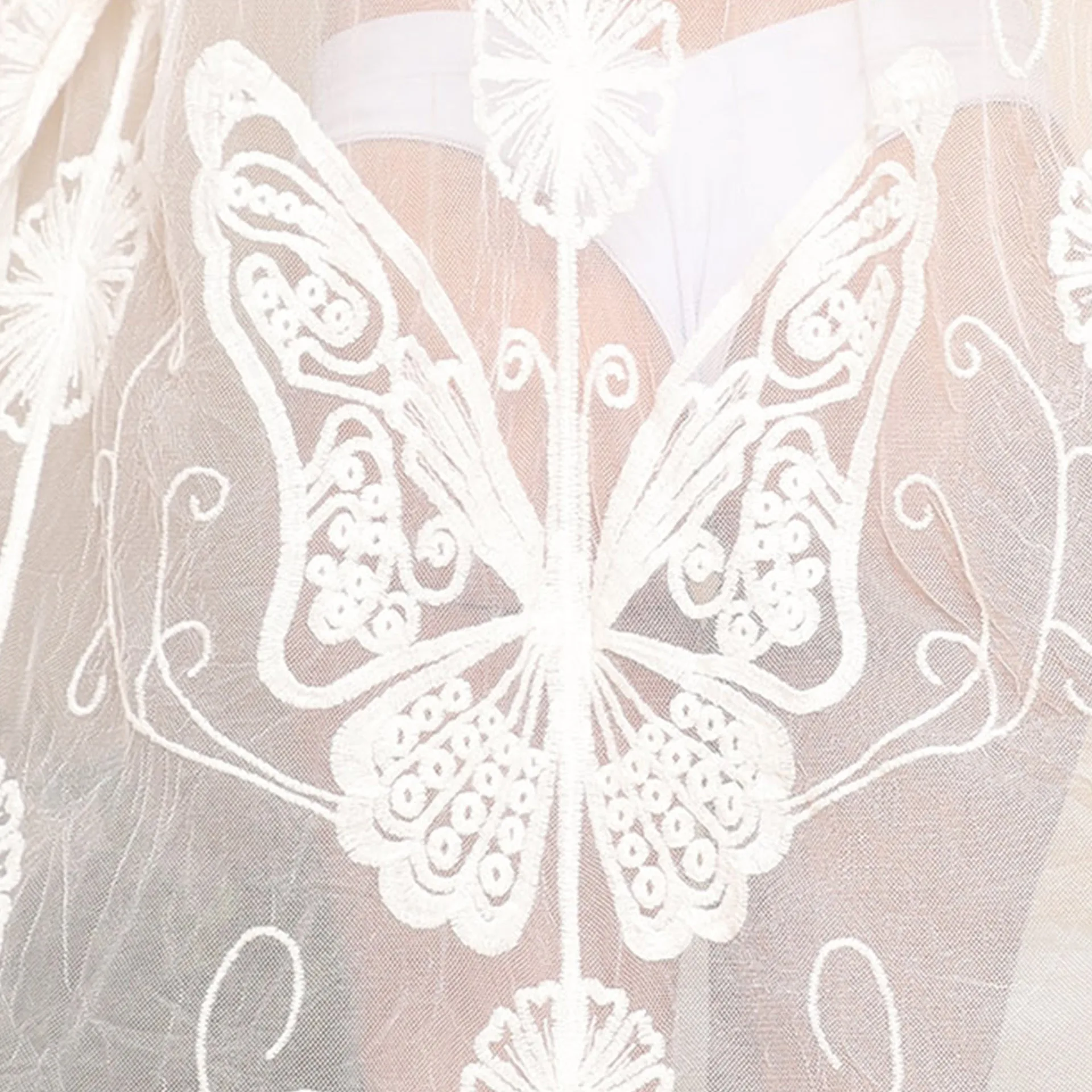 White Beach Dress Woman Mesh Bathing Suit Cover Ups for Ladies Cardigan Summer Tunics with Sleeve Embroidery Butterfly 2022 Robe |