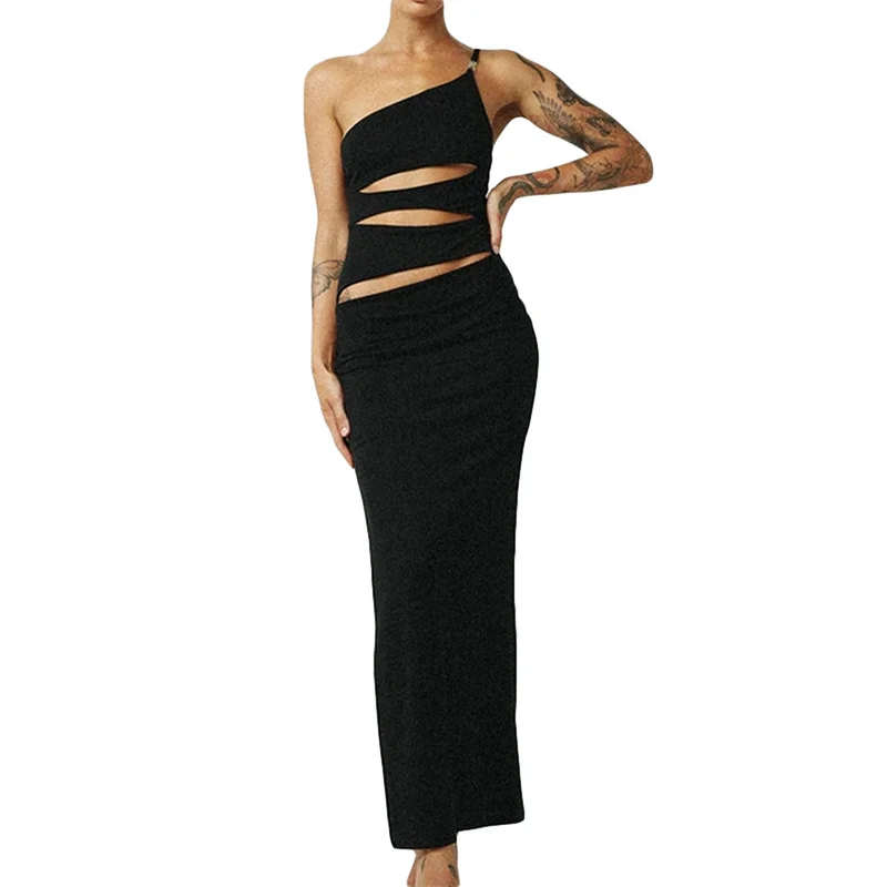 

Женское длинное облегающее платье на одно плечо, с вырезами