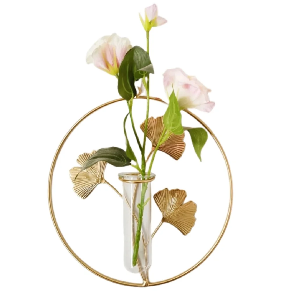 

Wall Hanging Flower Holder with Hydroponic Straight Glass Vase Ginkgo Biloba Pattern Metal Wall Decor Home Hotel Decoration Gold