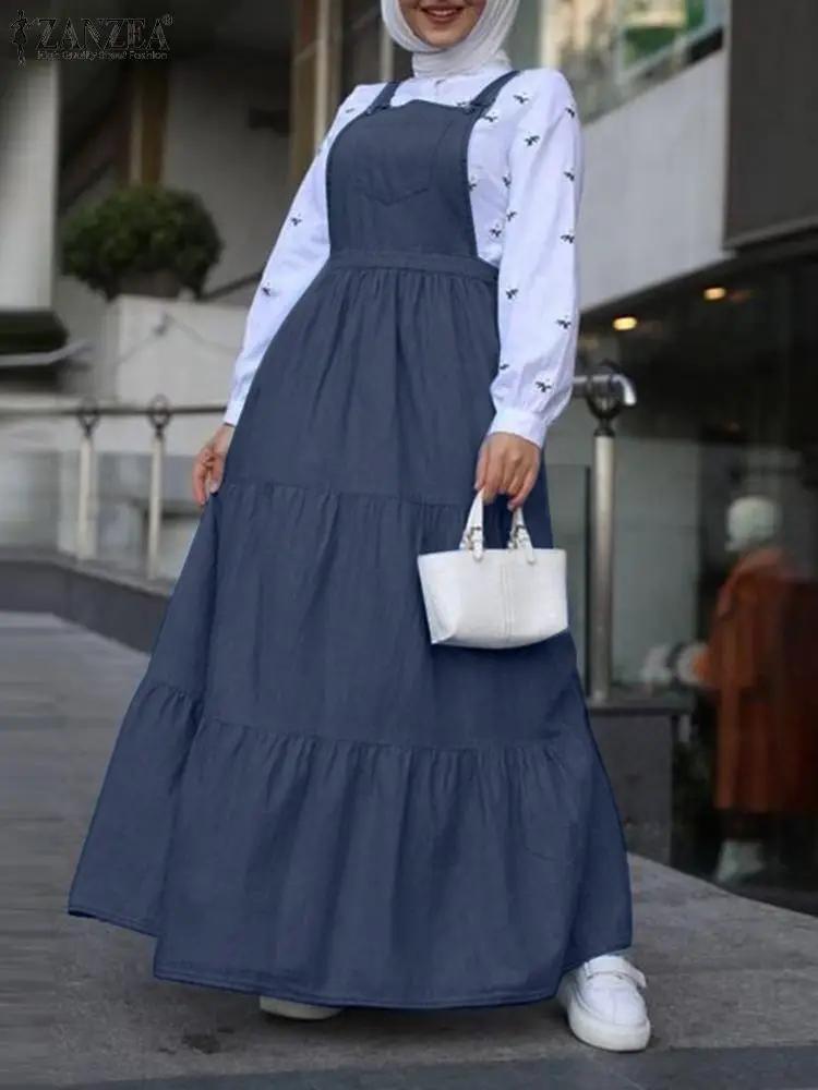 

Vintage Denim Overalls Dress ZANZEA Muslim Fashion Straps Backless Suspenders Sundress Abayas For Women Isamic Vestido Eid Robe